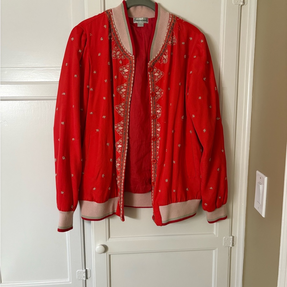 Anthropologie Red and Cream Embroidered Bomber Jacket
